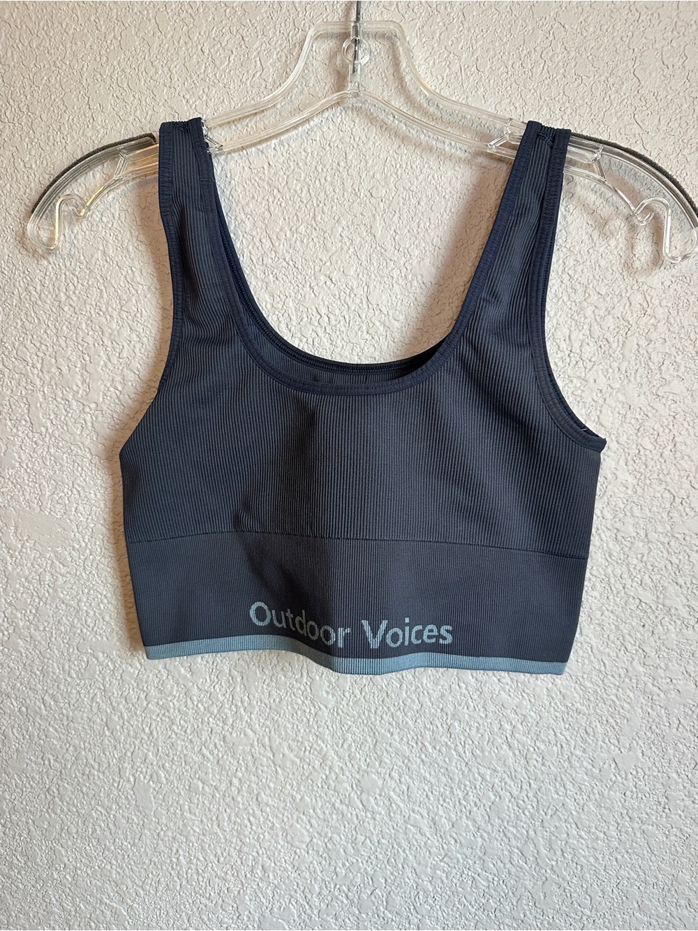 Outdoor Voices Charcoal Ribbed Scoop Sports Bra with Light Blue Accent